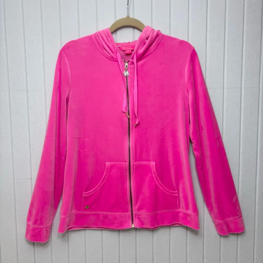 LILLY PULITZER LORINA‎ ZIP UP JACKET POPOVER SWEATSHIRT HOODIE VELOUR HOT PINK M